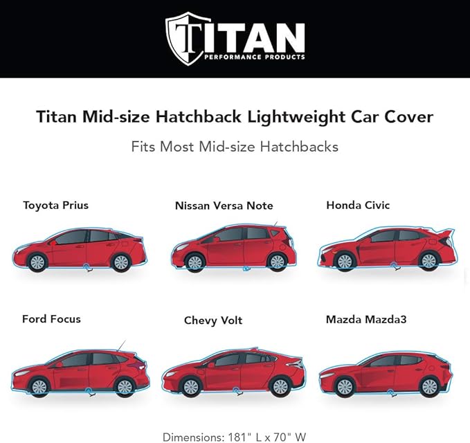 Titan Lightweight Poly 210T Car Cover for Hatchbacks 165-181". Waterproof, UV Protection, Scratch Resistant, Driver-Side Zippered Opening. Fits Prius, Focus, Civic and More.