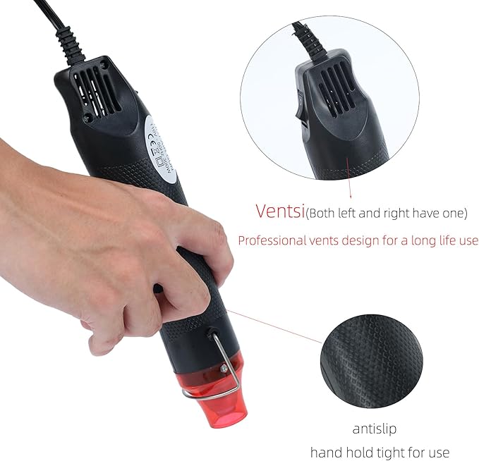 Heat Gun, 110V 300W Handed Hot Air Gun for Crafting, 3.28FT Ultra-Long Cable Portable Heat Gun with Stand and Power Cord for Shrinking Wrapping PVC, DIY Embossing and Drying Paint (Black)