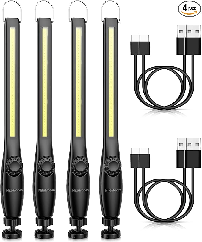 LED Work Light, 800 Lumens Rechargeable COB Work Light with Power Capacity Indicator, Magnetic Base& Hook, 360°Swivel, for Car Repair, Home, Garage, Emergency and Outdoor (4 PACK)