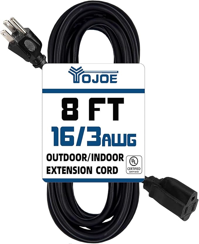 YOJOE Indoor Outdoor Extension Cord, 3 Prong 13A Weatherproof Power Cord, 16 Gauge Heavy Duty 8 ft Black Extension Cord for Garage, Garden and Home, 16/3 SJTW UL Listed