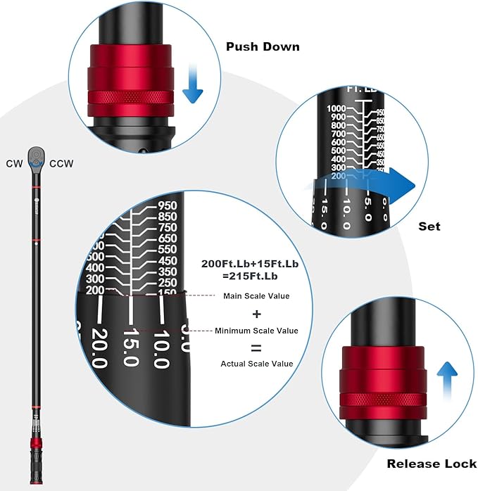 3/4-inch Drive Click Torque Wrench, 150-1000ft.lb/203.3-1355Nm, 48 Tooth Dual-Direction Click Torque Wrench with a Hex Key for wind turbines,dockyards, car,truck repair