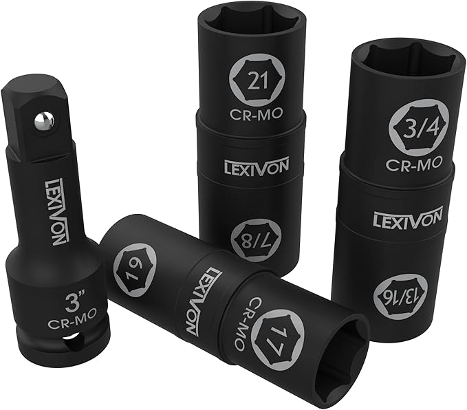 LEXIVON 1/2-Inch Drive Click Torque Wrench 10~150 Ft-Lb/13.6~203.5 Nm + Set of 1/2-Inch Flip Impact Socket, 6 Total Lug Nut Sizes