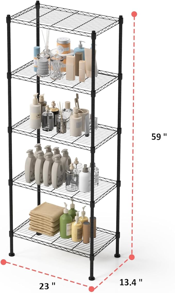 5 Tier Shelving Unit, 176 LBS Per Shelf Height Adjustable Narrow Storage Shelves, Heavy Duty Metal Garage Metal Shelves for Kitchen, Restaurant, Pantry, Laundry, 23"x 13.4"x 59", Black