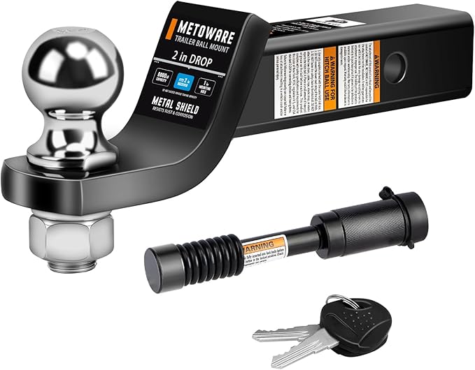 METOWARE Trailer Hitch Ball Mount, 2" Drop Hitch with 2" Ball, 6,000 lbs GTW Fits 2" Receiver for Truck SUV Boat RV, Solid Steel Towing Kit with Hitch Lock, Black