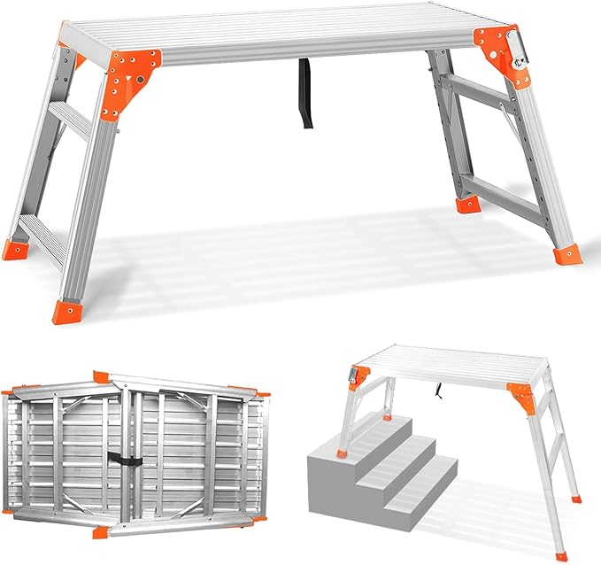 SHANTRA Multifunctional & Adjustable Work Platform with 330 lbs Capacity, 24 to 35 inches Step Ladder, Aluminum Folding Scaffolding Ladder, Heavy Duty Portable Work Bench Stool with Non-Slip Feet