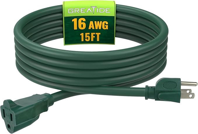 Indoor Outdoor Extension Cord 15 FT, 16/3 SJTW Weatherproof Green Electrical Cords, 13 AMP Heavy Duty 3 Prong Power Cable Great for Garden, Landscaping & Holiday Decorations