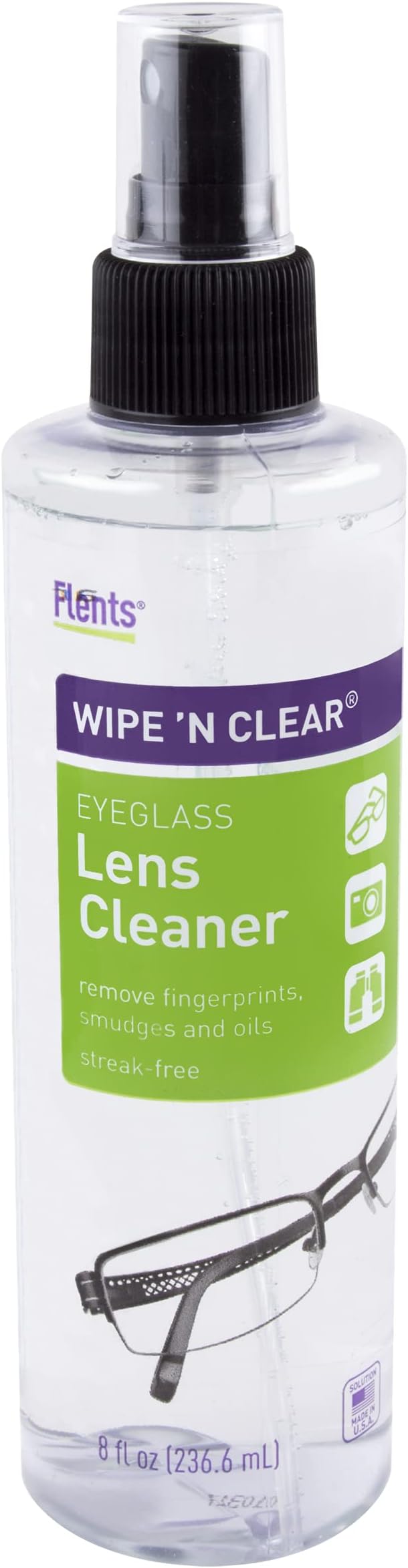 Flents Wipe 'N Clear Eyeglass Optics Lens, Screen and Camera Cleaner Spray Bottle, Streak-Free, Clear, 8 fl oz (236 ml)