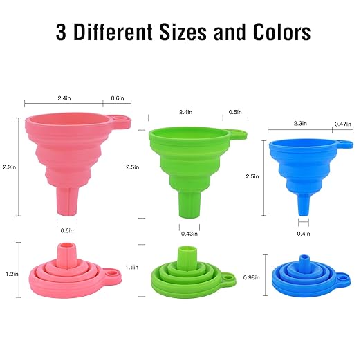 Kitchen Silicone Collapsible Funnel Set of 3,Small and Large,Flexible-Foldable-Cooking-Food-Grade Funnels for Filling Small or Mini Bottles,Perfume,Filling Capsules,Fry Oil Filter,Essential Oil,Spice