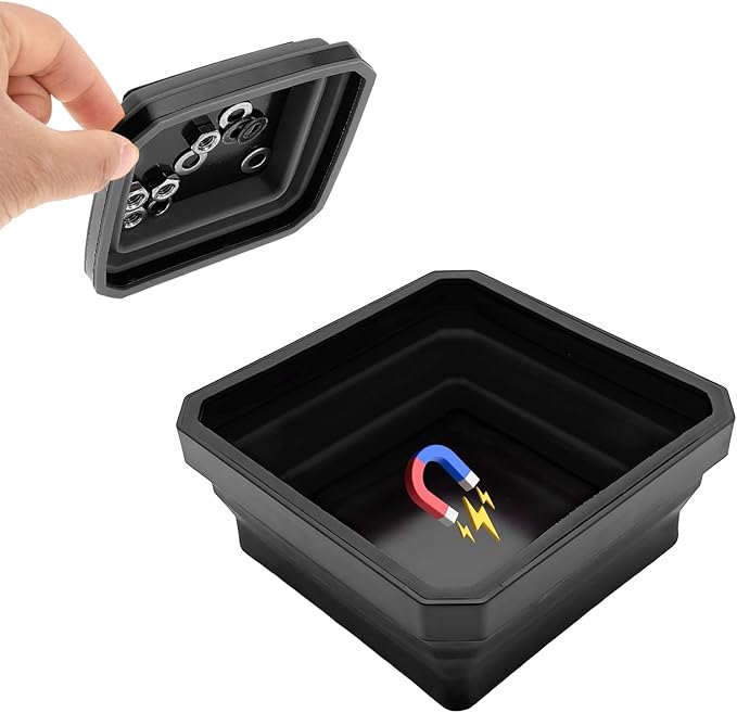 Collapsible Magnetic Parts Tray, 4.5 Inch Foldable Magnetic Square Silicone Tray, Tool Tray Set with Double-Sided Magnetic Base for Screw Bolts Nuts Pins, Car Accessories (Black, 1 PCS)