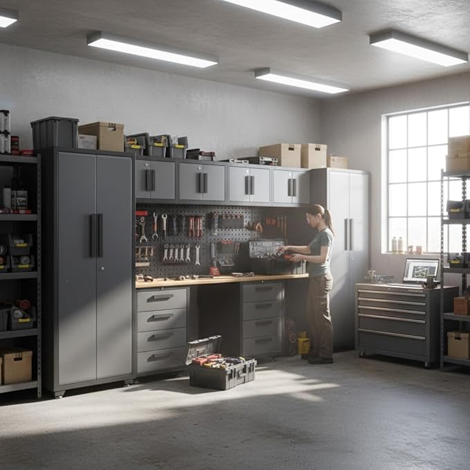 Garage Storage Cabinet System, 14PCS Workshop Set Garage Cabinets and Storage System with Steel Cabinet Drawers, Workbench, Pegboard for Tool Organization