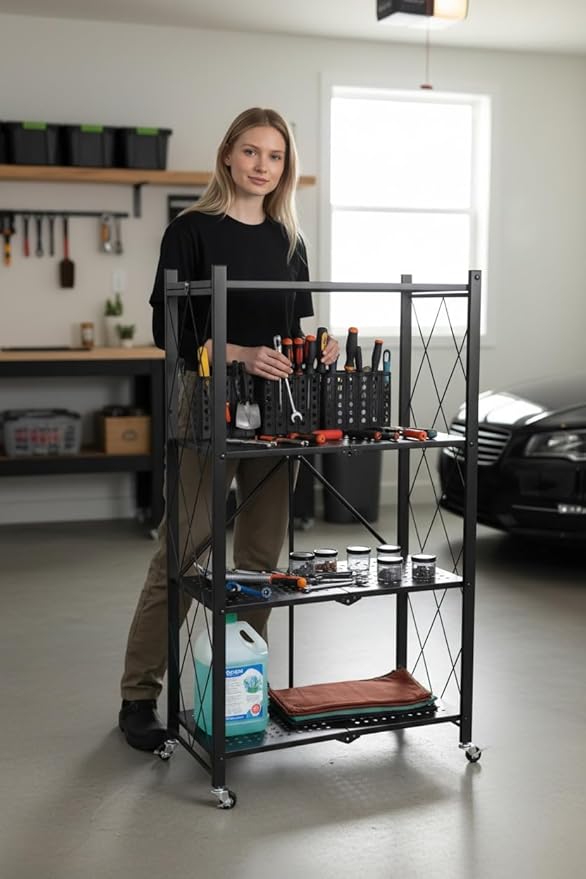 4-Tier Foldable Shelf, Black-Strong and Durable Multipurpose Folding Shelves for Storage with Locking Wheels-Easy to Assemble, Clean, Fold