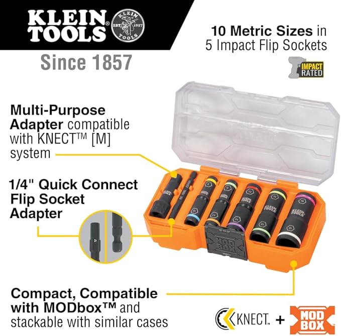 Klein Tools 65619 KNECT Flip-10 Metric Impact Socket Set, Deep Depth, 5 Color-Coded Flip Sockets, 10 Metric Sizes, 1/4 and 3/8-Inch Adapters, MODbox Case