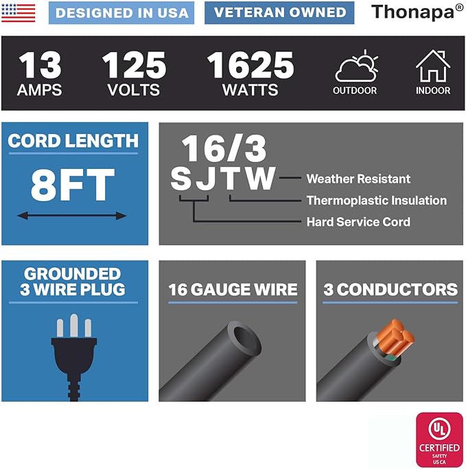 Thonapa 13 Amp Outdoor Extension Cord 8 ft, 16/3 SJTW 8 Foot Black Extension Cord 3 Prong, Weatherproof Exterior Power Cable for Outside Lights & Lawn, UL Certified - US Veteran Owned