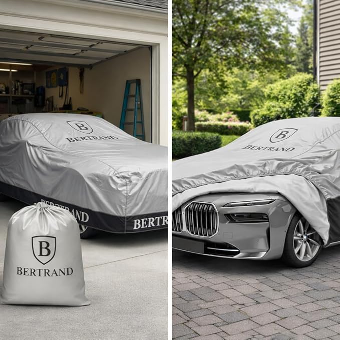 BERTRAND Premium Sedan Car Cover (185 x 71 - Size - A2) - Waterproof All Weather | Mirror Pockets + Door Zipper | Cotton-Lined | UV Protection + Reduces Hail Impact | Large Sedans