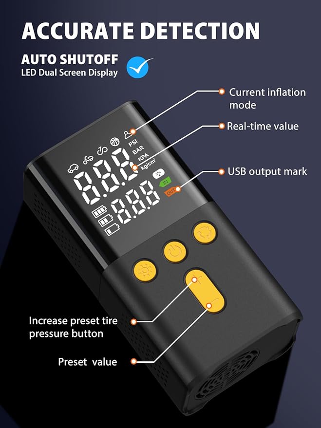 Portable Tire Inflator for Car 150 PSI, 4X Faster Car Tire Pump with Pressure Gauge, Large Dual Digital Screen and Auto Off Function, LED Light