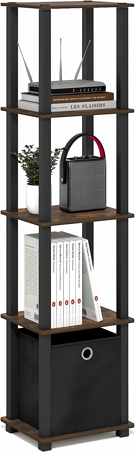 Furinno Turn-N-Tube Book Shelf, 5-Tier Square Open Frame Display Shelf, Corner Storage Shelves with Storage Bin, Shelving Unit, for Organization, Living Room, Garage, Home Office, Amber Pine