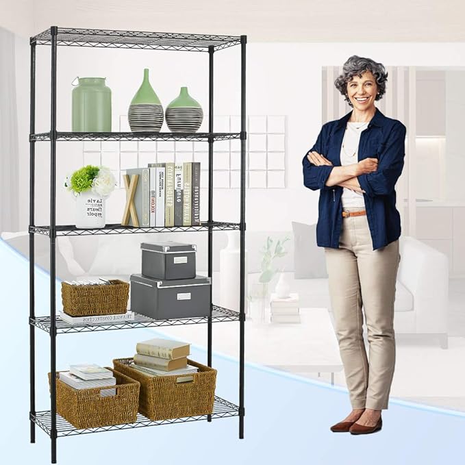 BestOffice 14Dx36Wx72H 5-Shelf Adjustable Storage Shelves Wire Shelving Unit Garage NSF Metal Shelf Heavy Duty Utility Commercial Grade Steel Layer Shelf 1250 LBS Capacity,Black