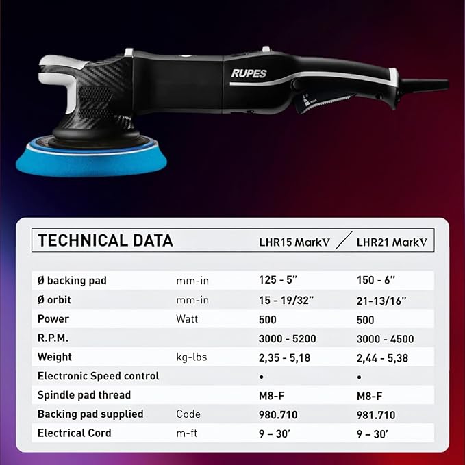 RUPES LHR21V Single BigFoot Mark V Random Orbital Polisher - Reduced Noise & Vibrations - Enhanced Motor Efficiency - Gears Require Minimal Lubrication - Provides Optimal Balance - Stable Grip