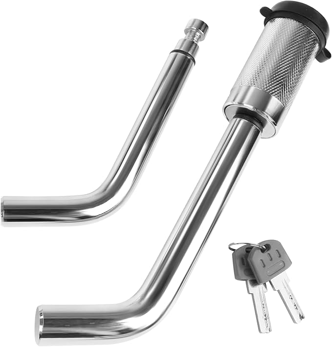 MaxxHaul 50058 Hitch Receiver Lock with 1/2" and 5/8" Pins - Universal Anti-Theft Trailer Lock for Class I, II, III, IV, and V Receivers - Press-to-Lock Technology with 2 Keys - Chrome Finish