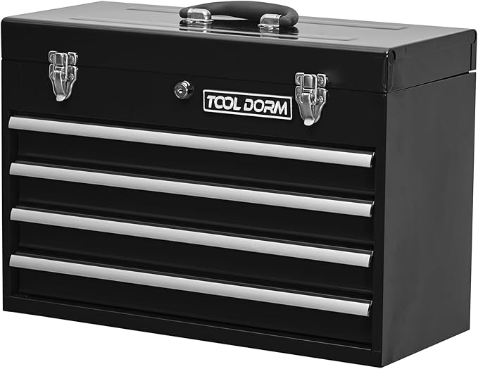Metal Tool Box with 4 Drawers Portable Steel Tool Chest with Metal Cylinder Lock and Latch Closure, liner, Black and Red two color Powder coating, suitable for Garage, Warehouse and Outdoor Repair job