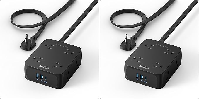 Anker Surge Protector Flat Plug Power Strip 2000J, 10ft Thin Extension Cord, 8 Outlets,2 USB A and 1 USB C Port,20W for iPhone15,Wall Mount,Compact for Home,Office,Room,TUV Listed (Pack of 2)