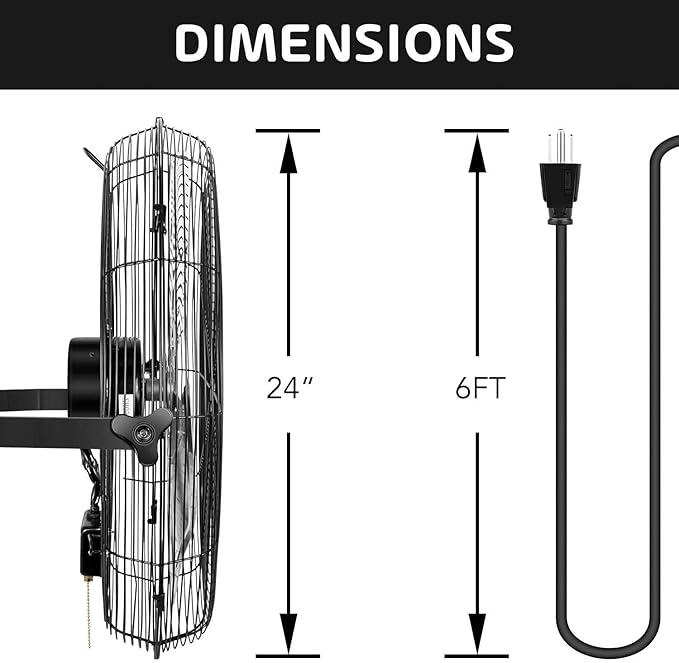Simple Deluxe 24 Inch Industrial Wall Mount Fan, 3 Speed Metal Fan for Warehouse, Greenhouse, Workshop, Patio, Factory and Basement, Black
