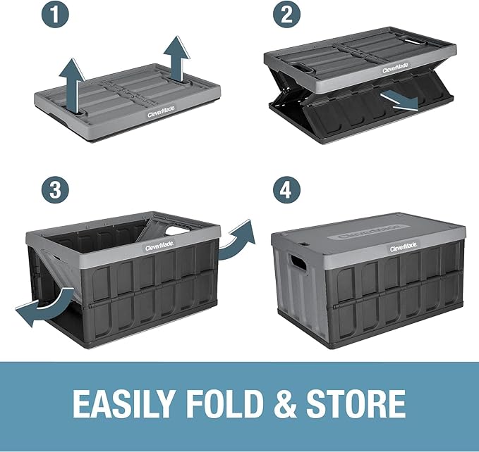 CleverMade Collapsible Storage Bins with Lids (46L, 3 Pack) – Stackable Foldable Plastic Storage Crates for Home, Closet & Trunk Organization - Ocean