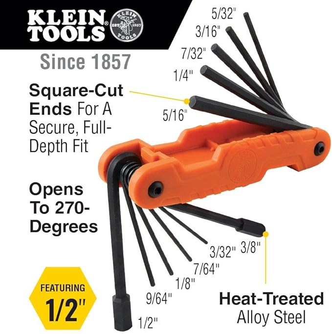 Klein Tools 46037 Cable Splicer's Kit & 70550 Hex Wrench Key Set, 11 SAE Sizes, Heavy Duty Folding Allen Wrench Tool with Extra Long Hex Keys