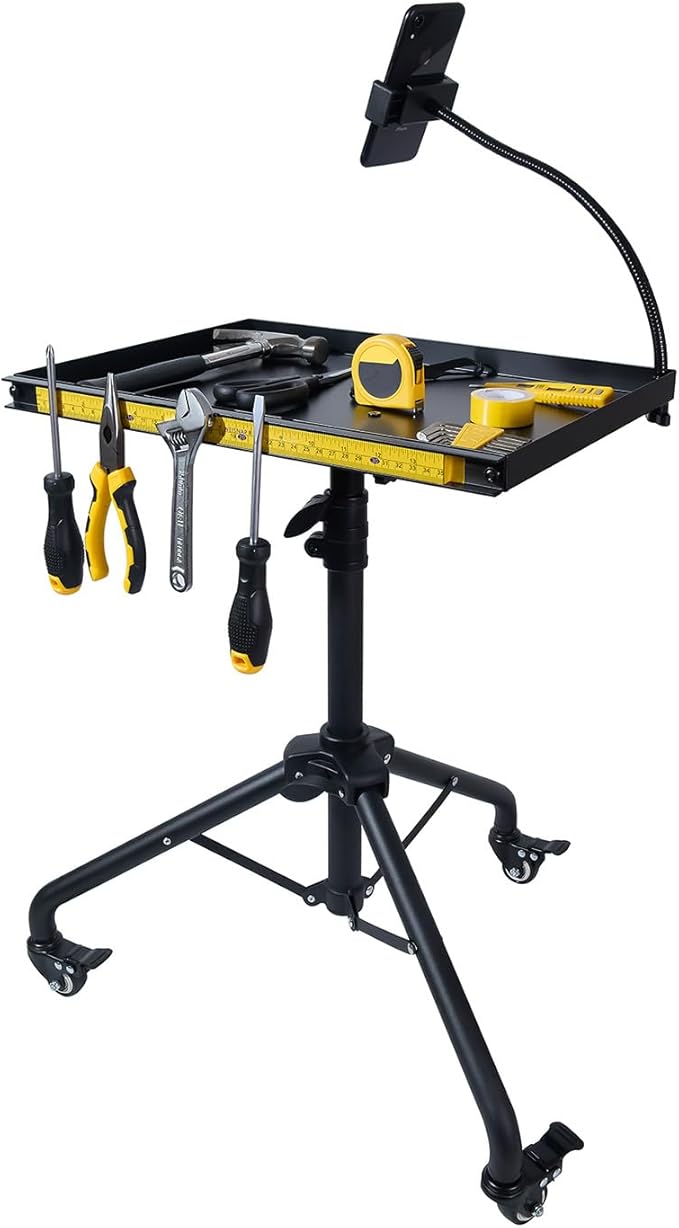 Rolling Tool Cart with Phone Stand, Portable Work Table Mobile Service Tray Cart with Magenetic Ruler Measurement Tool Holder for Light Duty, Garage Tool Organizer Workbench Mechanic Cart