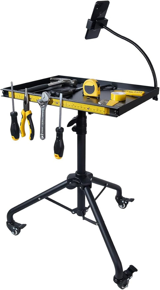 Rolling Tool Cart with Phone Stand, Portable Work Table Mobile Service Tray Cart with Magenetic Ruler Measurement Tool Holder for Light Duty, Garage Tool Organizer Workbench Mechanic Cart
