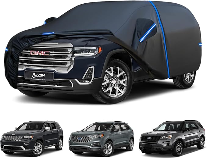 Kayme SUV Car Cover Custom Fit for GMC Acadia,Ford Explorer/Edge, Jeep Grand Cherokee, Windproof Upgraded & 100% Waterproof. All-Weather Full Exterior Cover Rain Sun Snow Protector with Door Zipper.