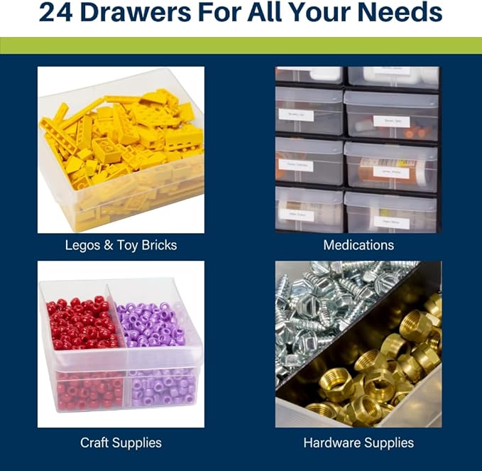 Akro-Mils 24-Drawer Plastic Drawer Storage Cabinet for Garage Organization, Bead Organizer, Building Bricks Storage, Teacher Toolbox, Makeup Organizer, 20-Inch W x 6-Inch D x 16-Inch H, 10124 White