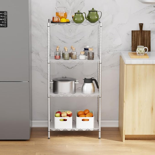 4-Tier Wire Shelving Unit 600 lbs Weight Capacity Storage Shelves Metal Frame Garage Shelves Easy Installation Metal Shelves for Home Kitchen Garage Pantry, 12" Dx18 Wx44 H, Chrome