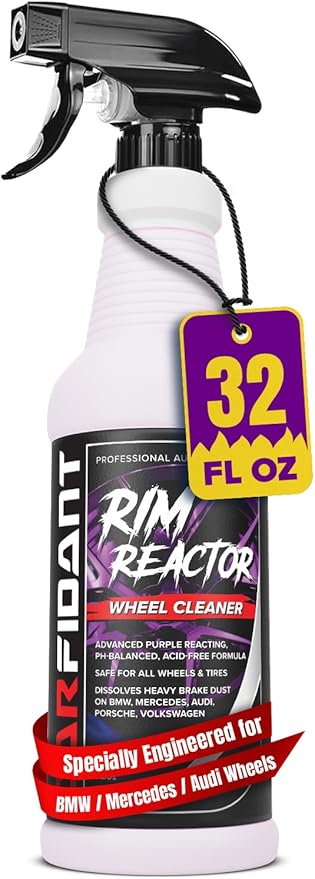 Carfidant Rim Reactor Wheel and Rim Cleaner Spray - Removes Brake Dust & Grime - Safe for BMW, Mercedes, Audi, VW & Porsche - No Scrub, pH Neutral, Non-Acidic Tire Cleaner - 32 fl oz