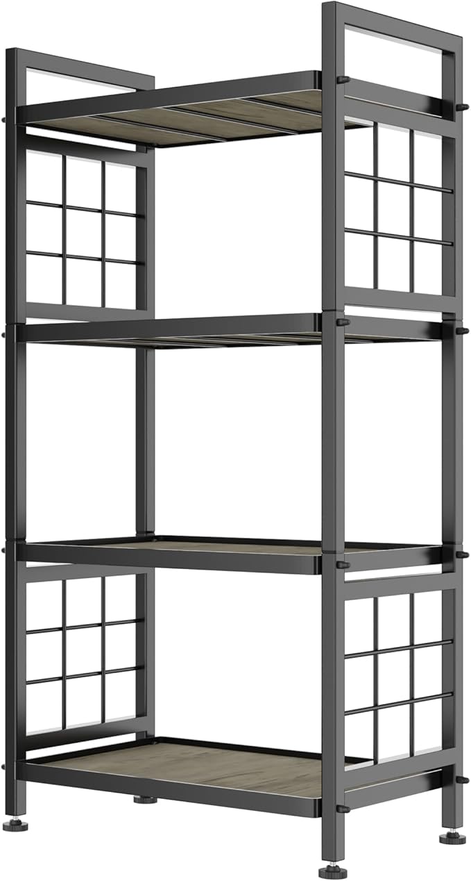 GIOTORENT 4-Tier Pantry Shelves with Wooden Boards, Heavy Duty Storage Shelves & Book Shelf, Adjustable Metal Shelving Unit for Kitchen Bathroom Laundry Organizer, Sturdy Rust-Resistant, Black