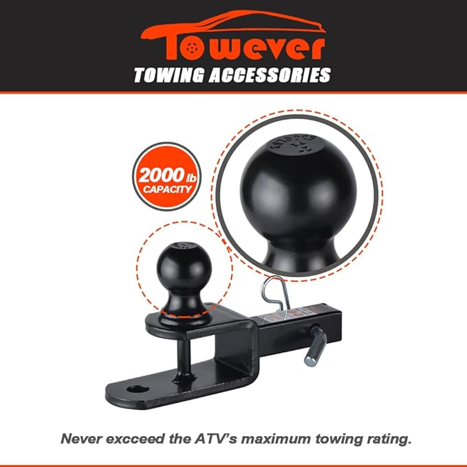 84031 Towever ATV Hitch Ball Mount 2 inch Ball with 1-1/4 inch Solid Shank, with 1/2 inch Pin & Clip, Rated 2000 lbs