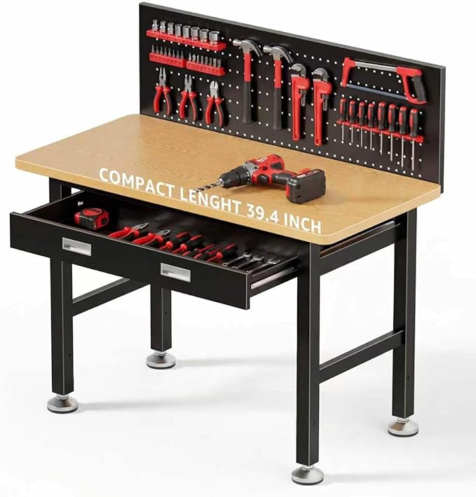 39.4" Workbench with Drawer and Pegboard - Heavy Duty Steel Garage Work Table, Small Tool Bench for Workshop, Woodworking, Crafting & Repair