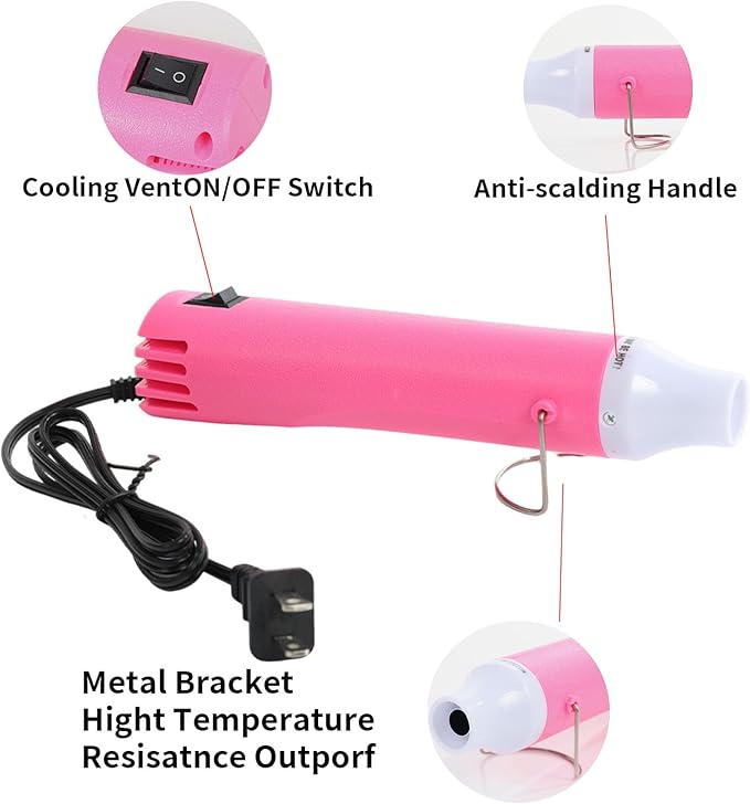 Heat Gun for Crafting, 110V 300W Handed Hot Air Gun, 3.28FT Ultra-Long Cable Portable Heat Gun with Stand and Power Cord for Shrinking Wrapping PVC, DIY Embossing and Drying Paint (Pink)