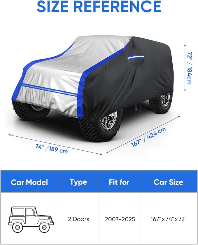 NOVSIGHT Car Cover for Jeep Wrangler 2 Door (2007–2025 JK JKU JL JLU), Waterproof All Weather Outdoor Cover, 6-Layer Heavy Duty, 60 MPH Windproof Straps, Reflective Strips, Soft Lining