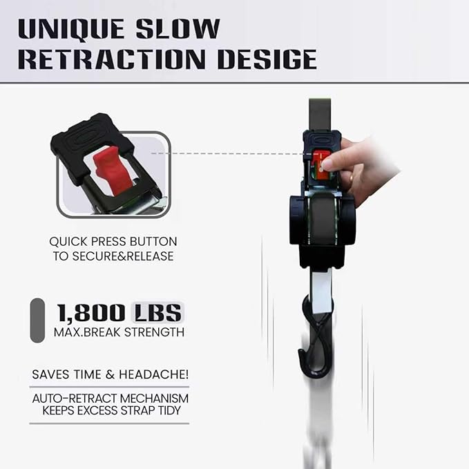 Retractable Ratchet Straps (4-Pack) - Heavy Duty Auto Slow Retraction Tie Down Straps - 1 Inch x 13 Feet (1,800lb Break Strength) for Truck, Cargo Trailer, Motorcycle, ATV, UTV - Black