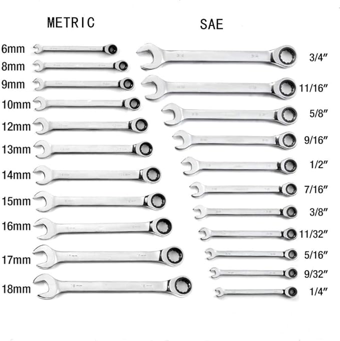 22-Piece Ratcheting Wrench Set，Metric & SAE Chrome Vanadium Steel Hand Combination Wrench Spanner with Portable Carrying Bag (Ratchet Wrench)