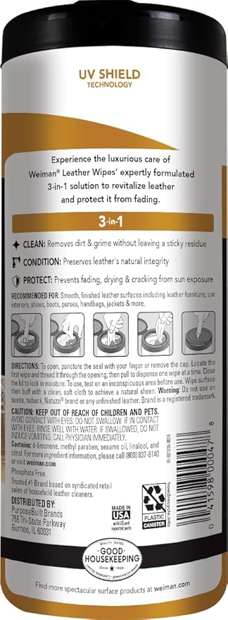 Weiman Leather Cleaner Wipes - Clean Condition UV Protection Help Prevent Cracking or Fading of Furniture, Car Interior, Couch, and Shoes, 4 Pack