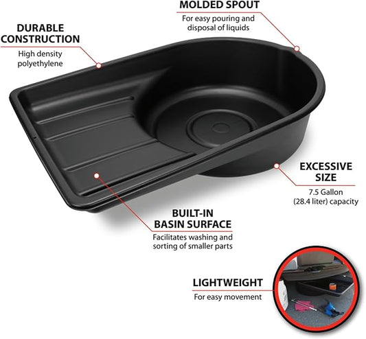 Performance Tool W4072 Black Extra Large Portable 7.5 Gallon Oil Drain Pan, (28.4 L)