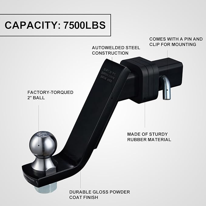 TOPSHINE Trailer Hitch Ball Mount with 2 in Ball & Hitch Pin, Heavy Duty Steel Fits 2 Inch Receiver, 7500lbs Capacity, 6-in Drop, 3pcs Hitch Receiver Silencer Pad Included, Black