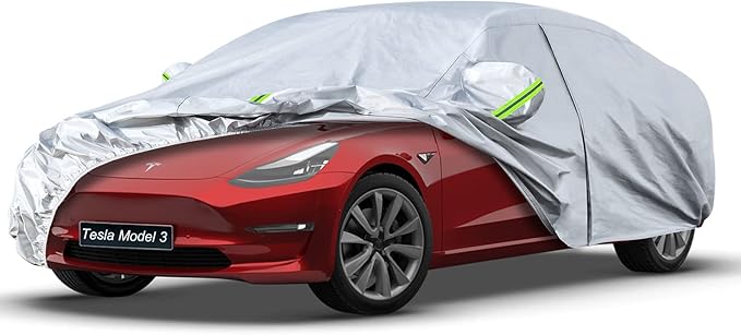 Kaugung 6 Layers Car Cover Custom Fit Tesla Model 3 from 2017 to 2025, Waterproof Car Cover All Weather for Automobiles Outdoor Indoor with Zipper Door, Sun Rain Dust Snow Protection.