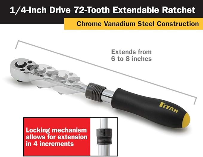 Titan 12075 1/4-Inch Drive x 6 to 8-Inch 72-Tooth Extendable Ratchet