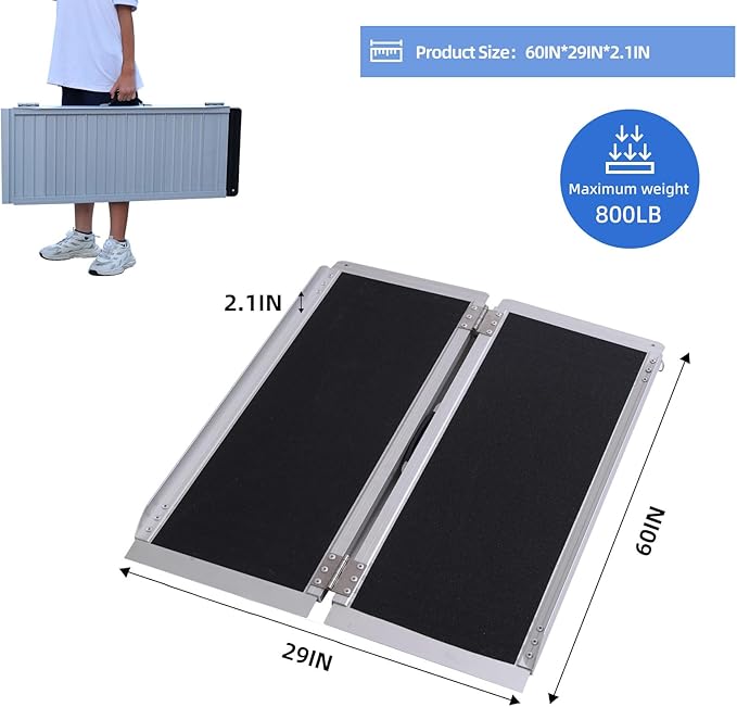 Portable Wheelchair Ramp 5FT,No-Slip Aluminum Folding Handicap Ramp 800lbs Load Capacaity,Wheel Chair ramp for Home Steps,Stairs,car