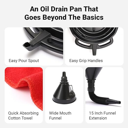 Oil Change Kit - Includes 8-Quart Oil Pan, Longneck Oil Funnel with Removable Filter, and 5 Pack of Shop Towels - Motor Oil Drain pan for Changing Oil - Oil Change Value Kit with by Foxtrot Living