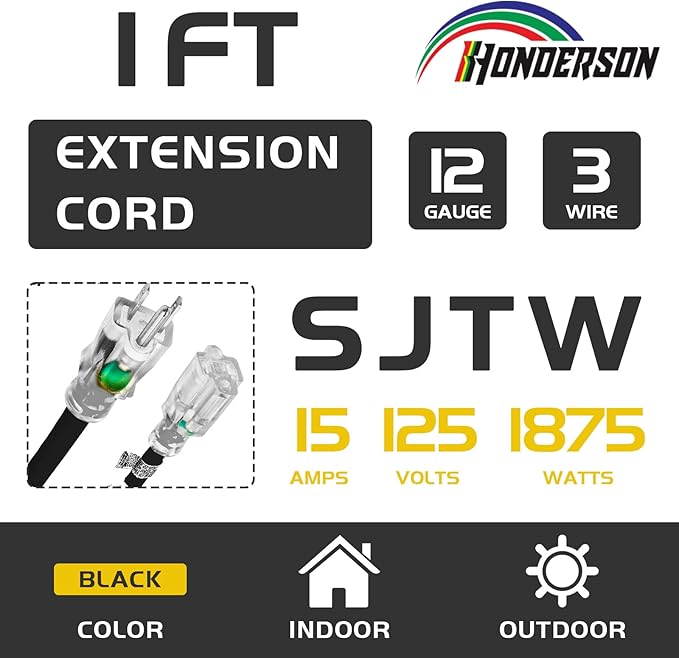 Extension Cord with Lighted End, UL Certified, 12 Gauge 1FT Black 3 Prong Heavy Duty, 12/3 SJTW 15A Power Cord for Lights, Lawn