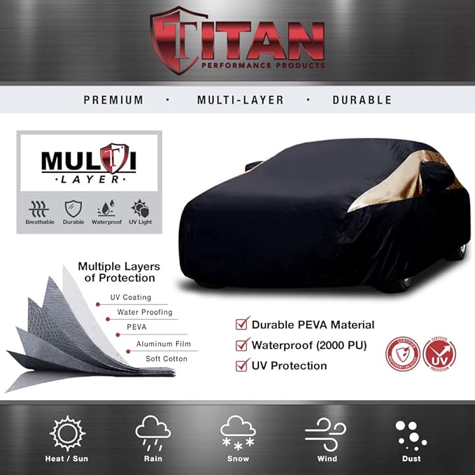 Titan Premium Multi-Layer PEVA Car Cover for Sedans 186-202". Waterproof, UV Protection, Anti-Scratch Protective Lining, Driver-Side Zippered Opening. Fits Camry, Accord and More.
